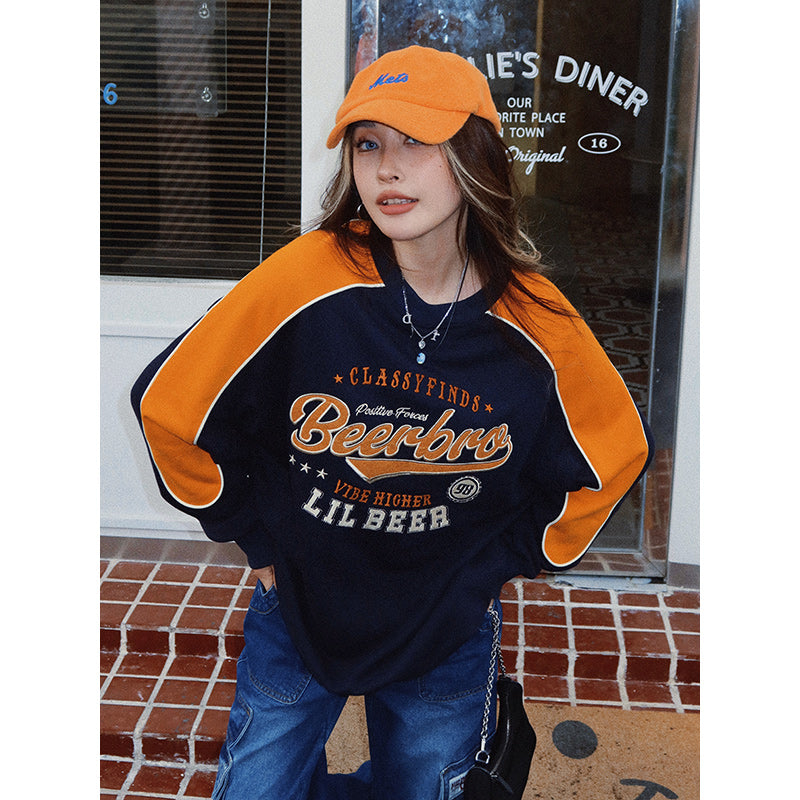 American Retro Street Color Contrast Stitching Sweater Women