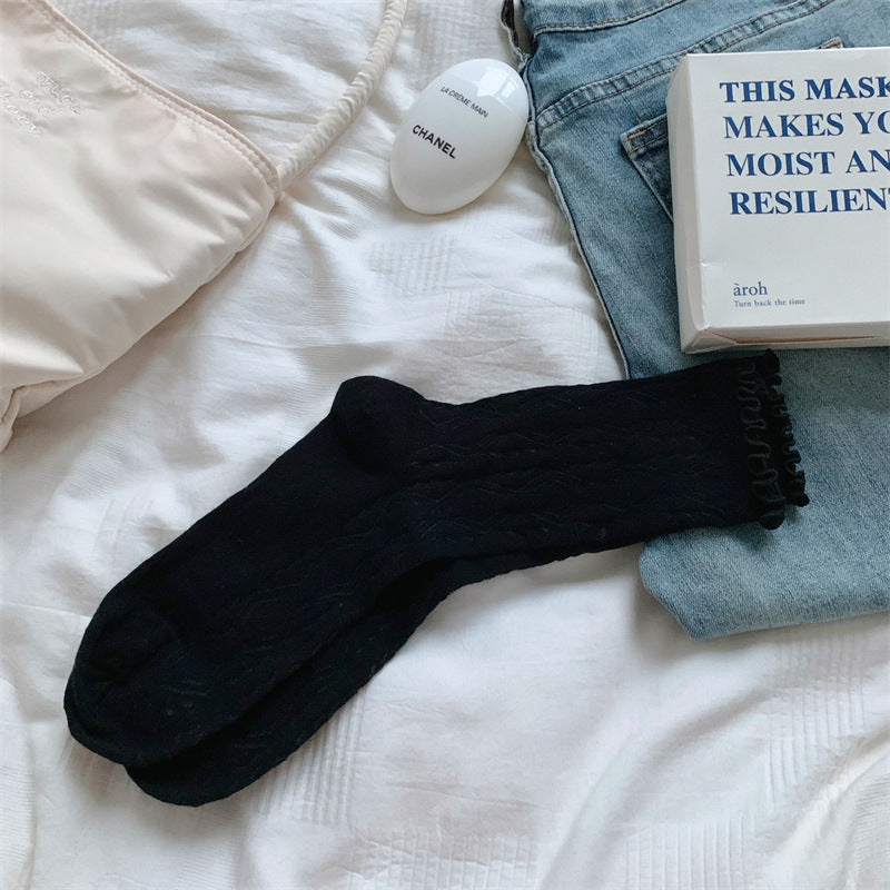 Thin Mesh Solid Color Hollow Wooden Ear Mid-calf Length Loose Socks Breathable Sweat Absorbing