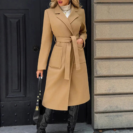 Women's Woolen Simple Lace Waist-tied Coat