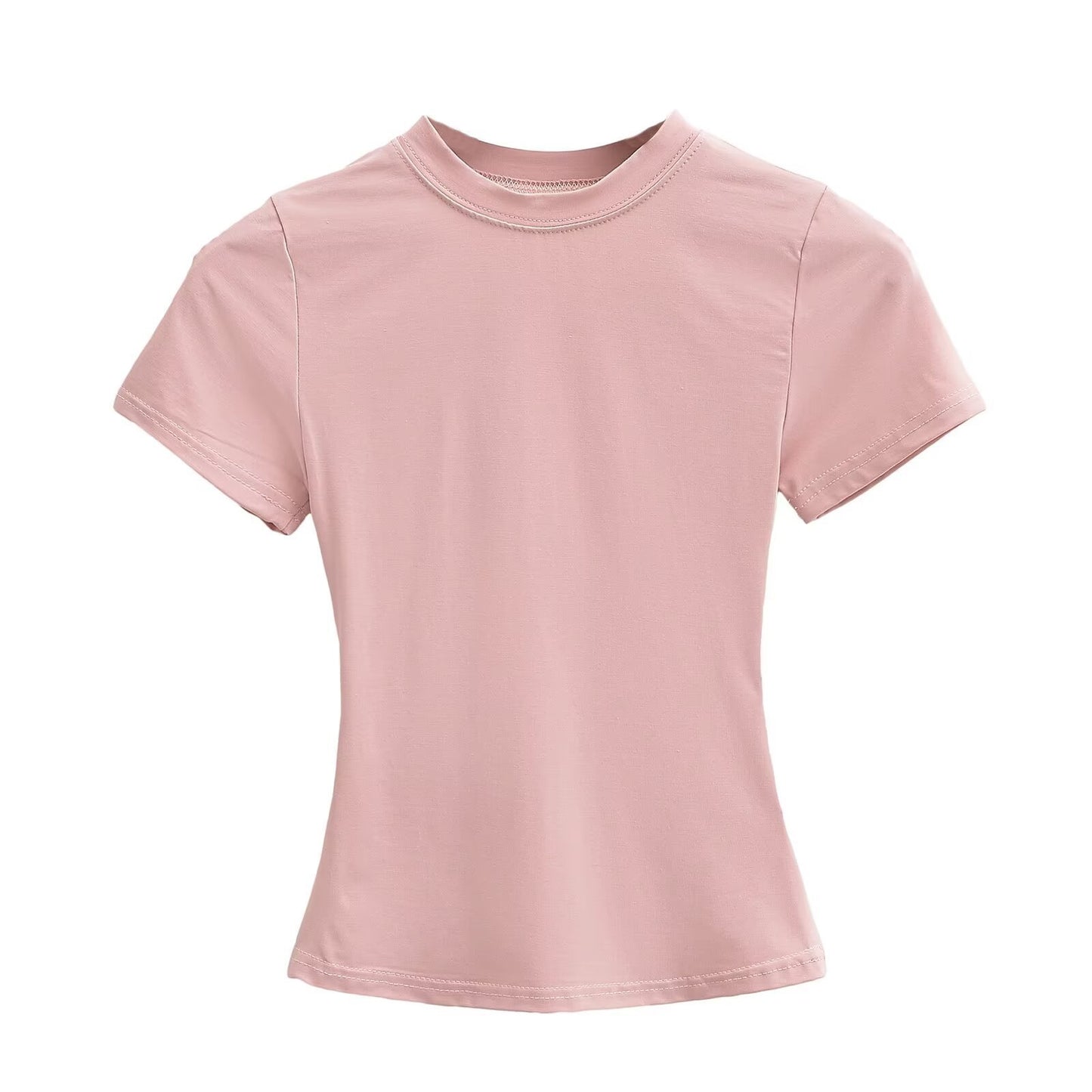 Solid Color Small Round Neck Elastic Shoulder Short Sleeve T-shirt Basic Style Waist-tight