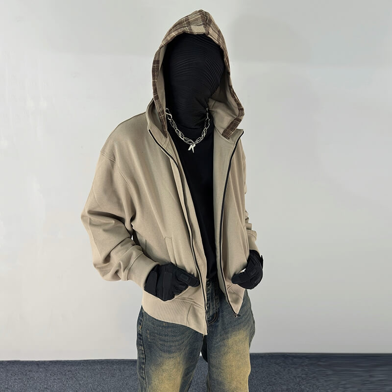 Plaid Patchwork Hoodie Men's Short Cleanfit Coat