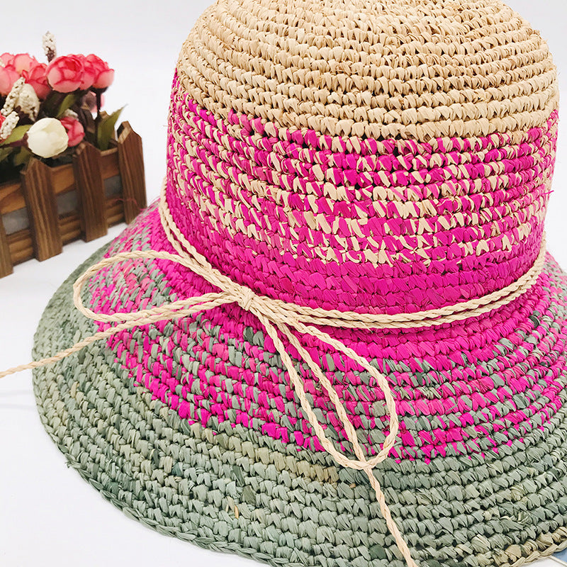 Raffia Crochet Shade Dome Flat Brim Women's Woven Straw Hat