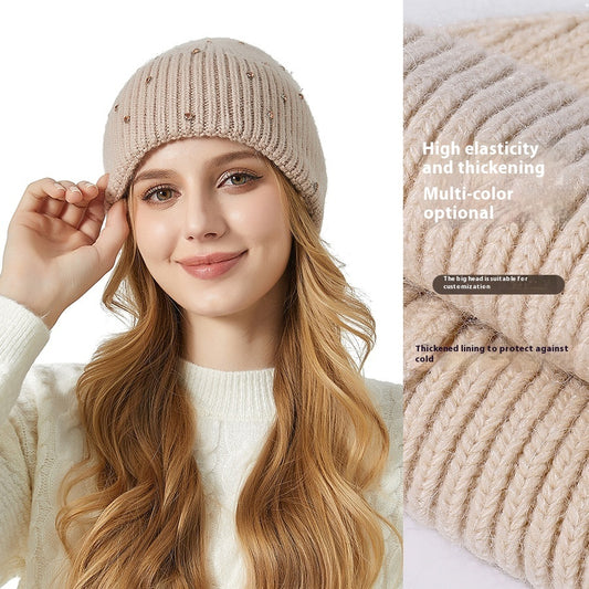 Exquisite Rhinestone Angola Rabbit Fur Hat Thickened Elastic Knitted Hat