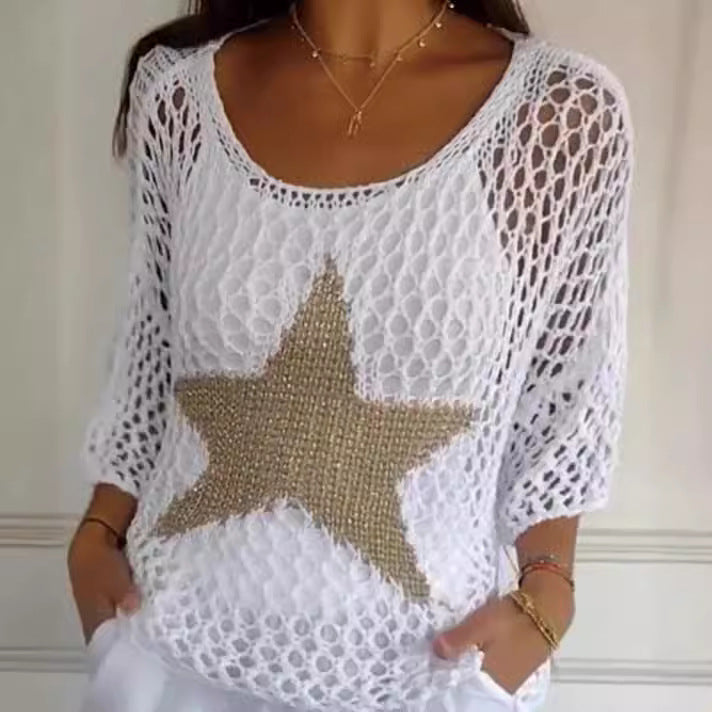 Five-Star Round Neck Sweater Women's Three-quarter Sleeve Top