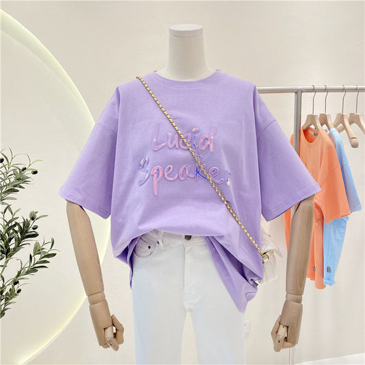 Women's Loose Short-sleeved T-shirt With Bronzing Letter Design Sense