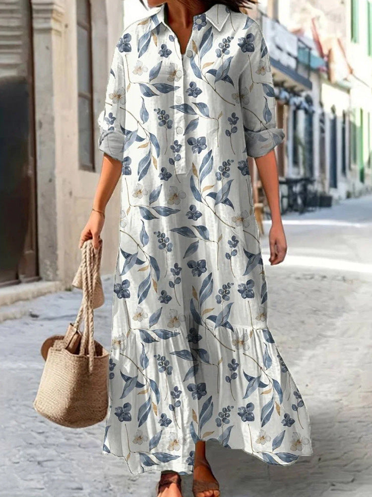 Womens Long-Sleeve Lapel-Neck Digital-Print Dress