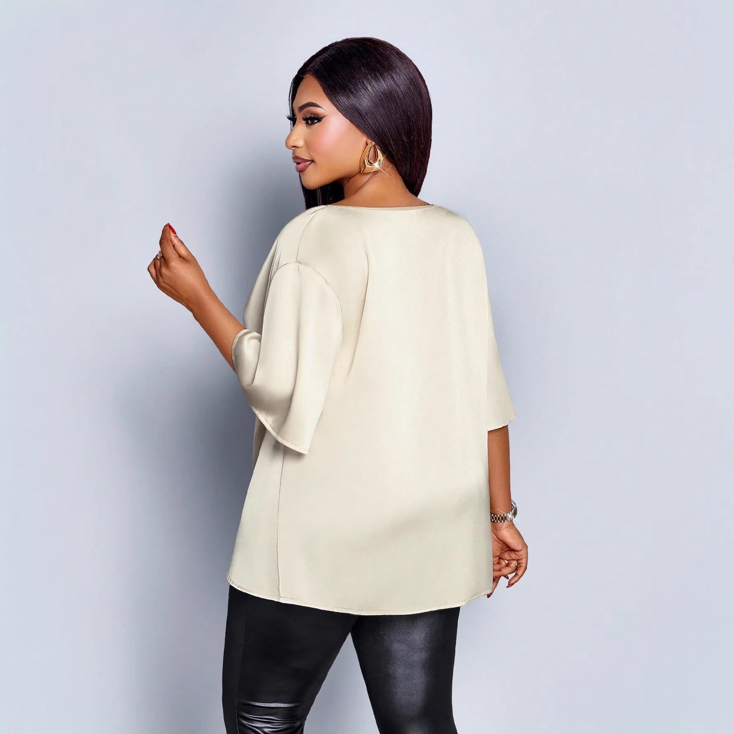 New Relaxed-fit Casual V-neck Mid-sleeve Long-sleeve Solid-color Chiffon Top