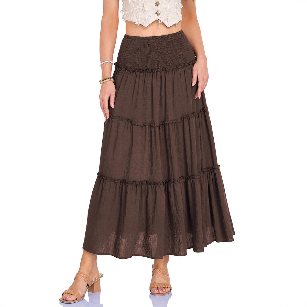 Three Tier Ruffled Cotton Linen Maxi Dress