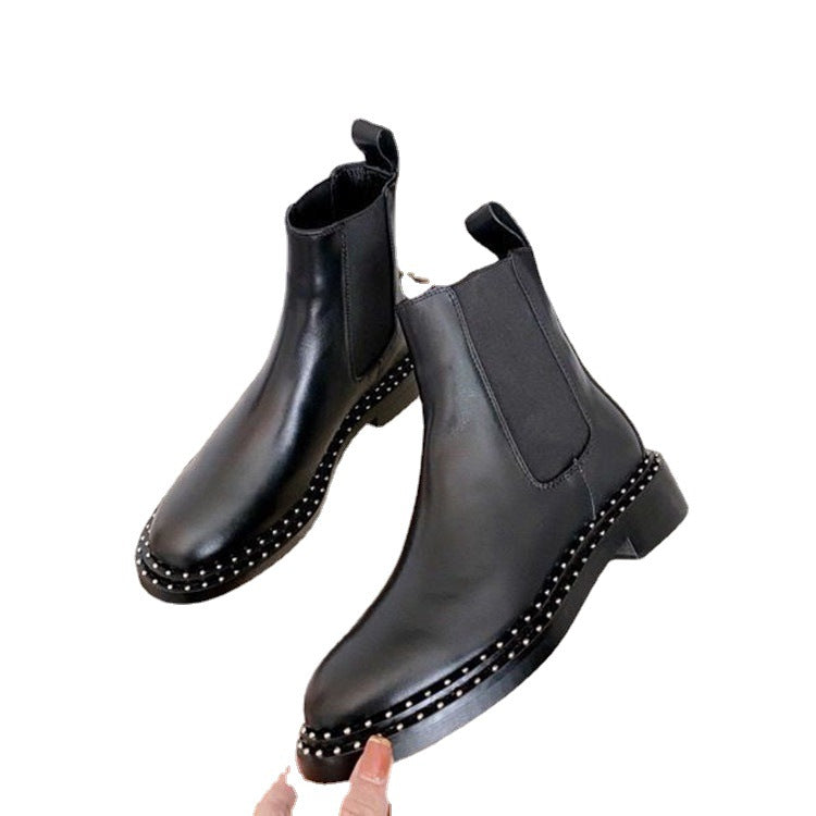 Flat Short British Style Studded Leather Women's Boots