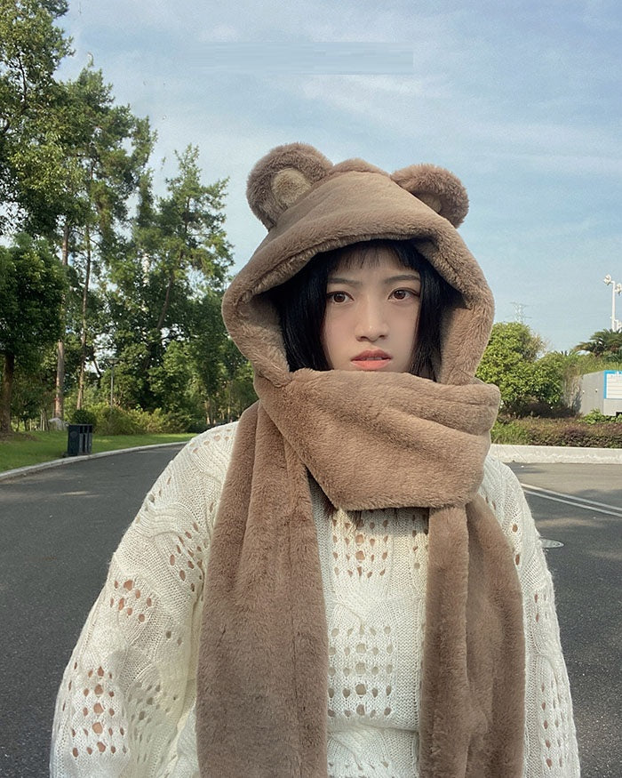 Hat And Scarf All-in-one Set Warm Three-piece Set