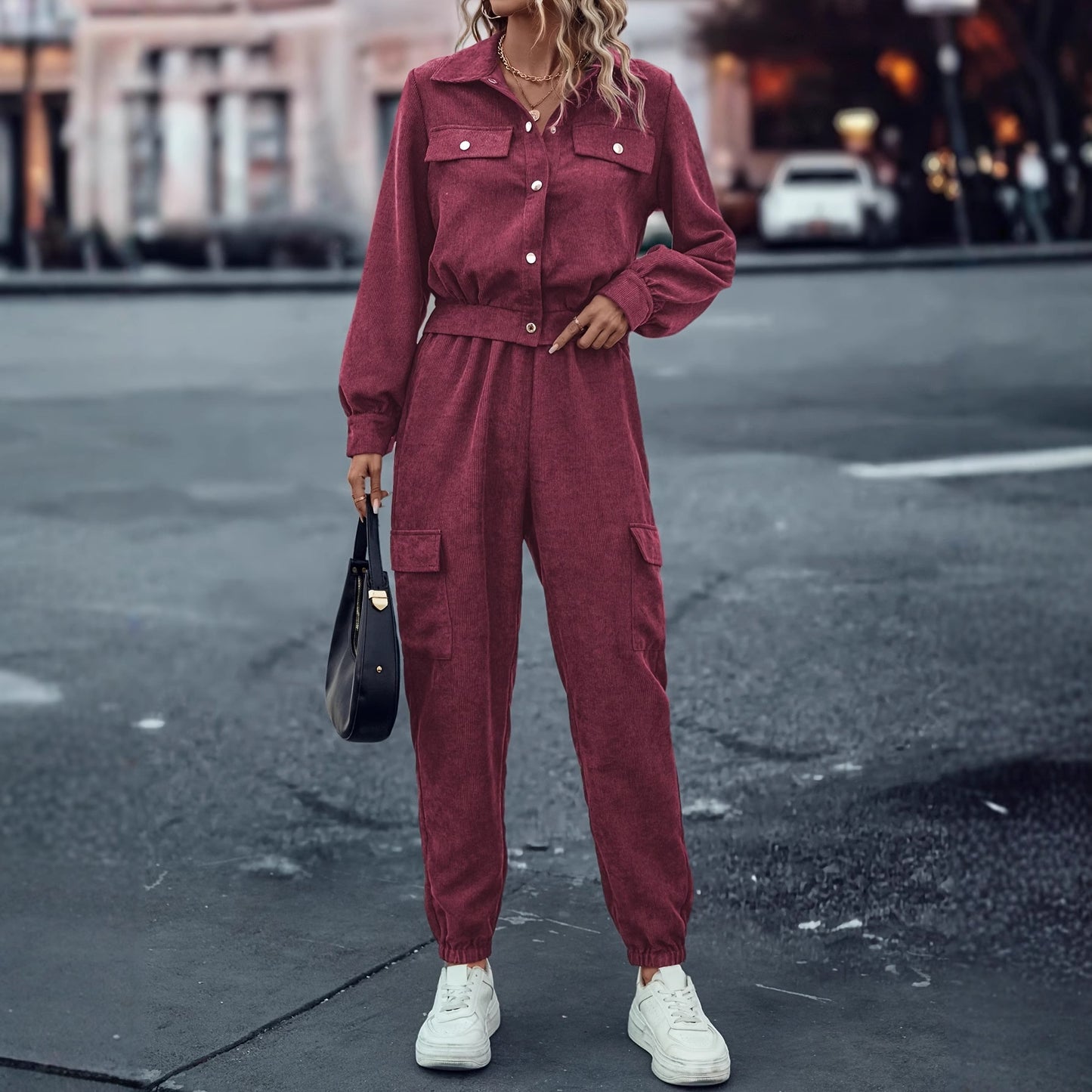 Women's Casual Suit Long-sleeved Single-breasted Jacket And Cargo Pants