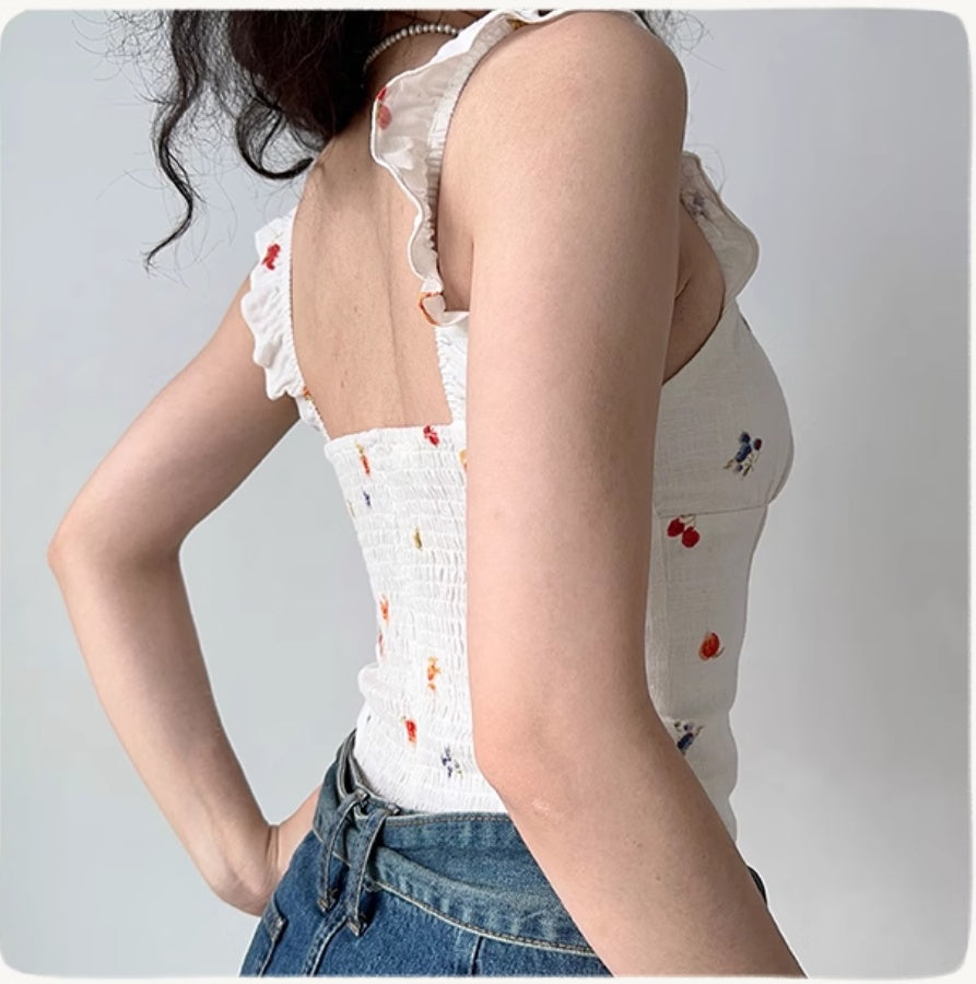 Flower Print Chest Strap Camisole Off-shoulder Short Top