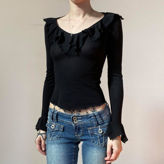 Womens Long-Sleeve Fitted Base Top With A Large Round Neck And Lotus-Leaf Design