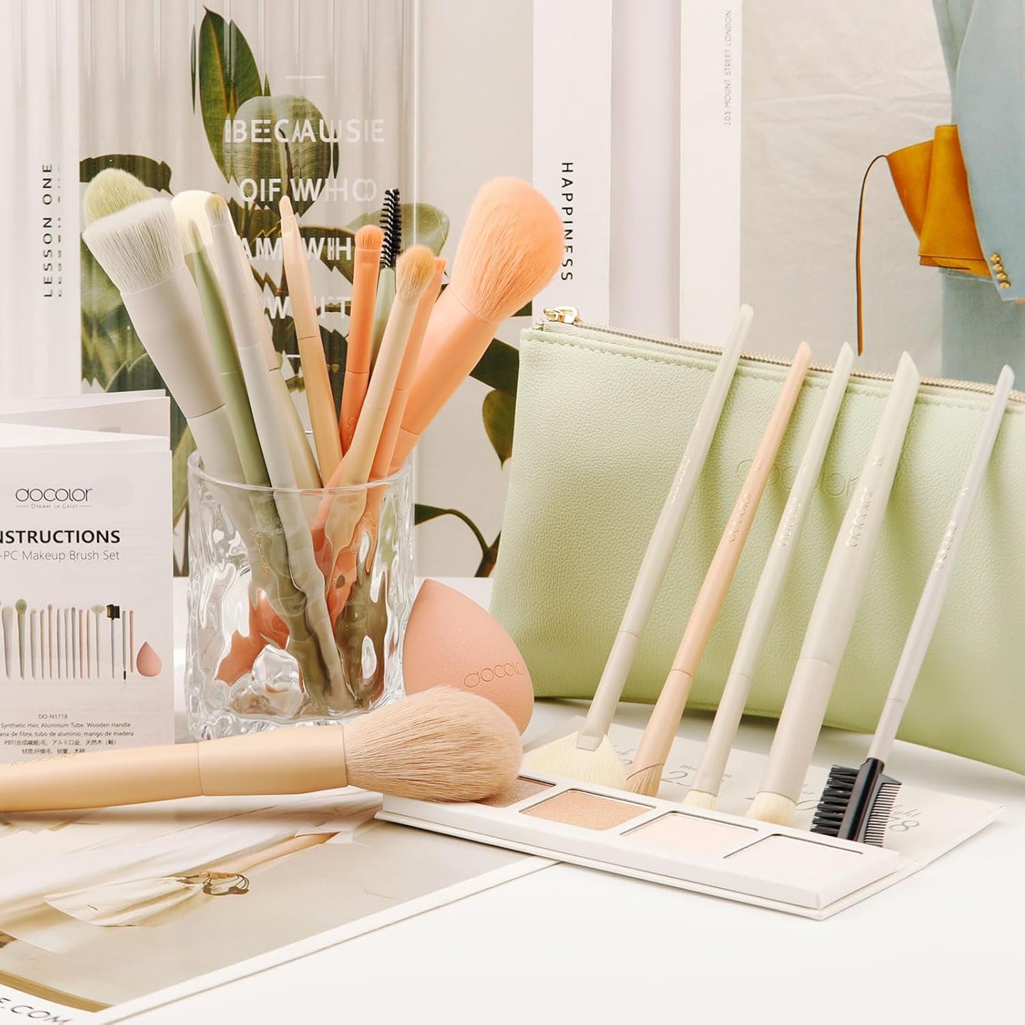 Docolor Juego De Brochas De Maquillaje Profesional 17 Piezas, Kit Completo Color Morandi Con Bolsa De Viaje, Esponja Y Guía De Uso, Pinceles De Maquillaje Premium Synthetic Para Cara Y Ojos, Rubor