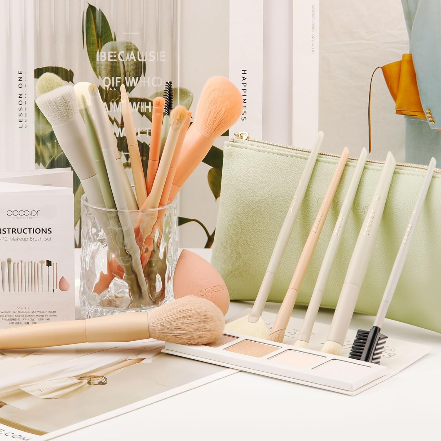 Docolor Juego De Brochas De Maquillaje Profesional 17 Piezas, Kit Completo Color Morandi Con Bolsa De Viaje, Esponja Y Guía De Uso, Pinceles De Maquillaje Premium Synthetic Para Cara Y Ojos, Rubor