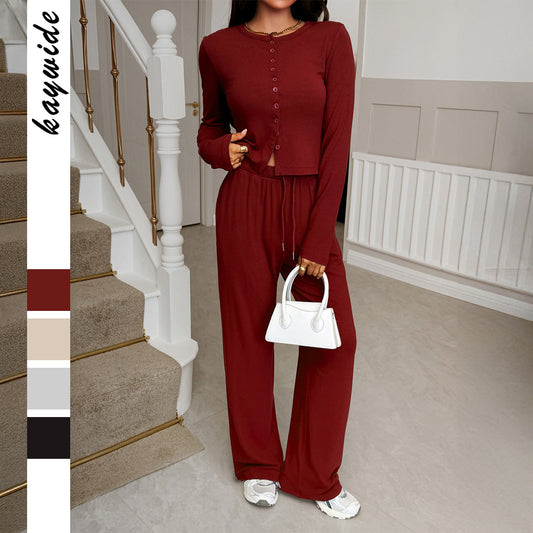 Resort-style Sweater Shirt And Long Pants Set