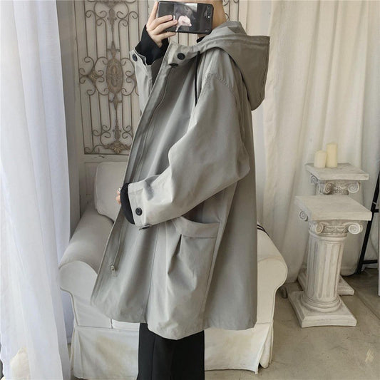 Hong Kong Style Casual Windbreaker Men's Mid-length Hooded Jacket