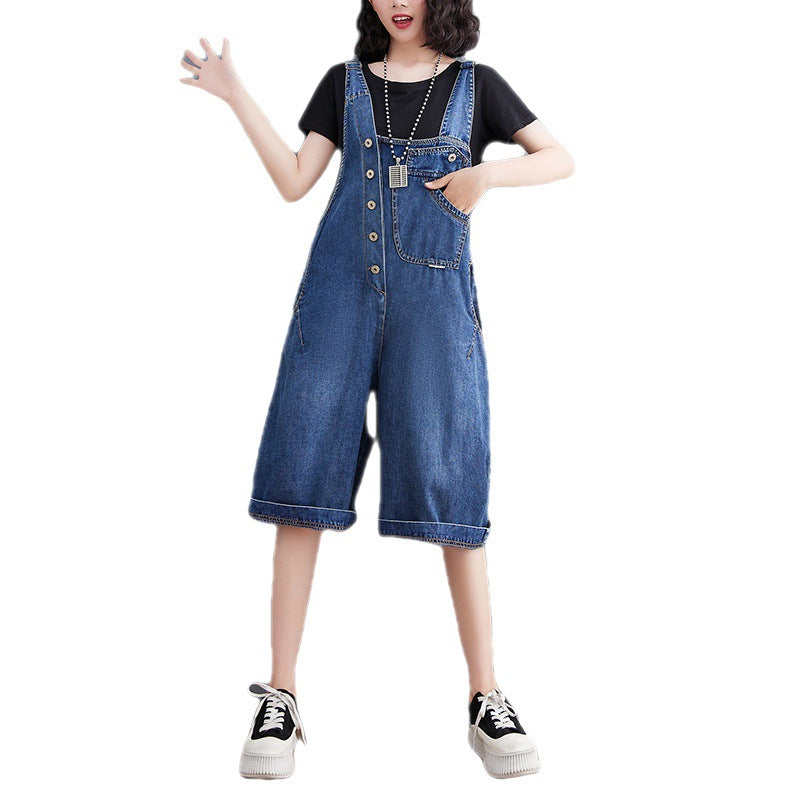 Women's Plus Size Korean Style Denim Overalls Five Points Pants