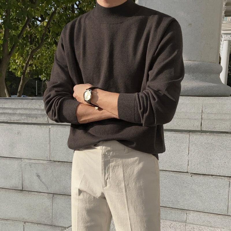 Loose Casual Solid Color Middle Neck Knitted Bottom Shirt With Long Sleeves