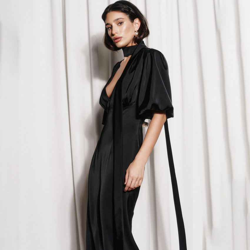 Summer Short Sleeve Puff Sleeve Deep V Neck A Line Maxi Dress