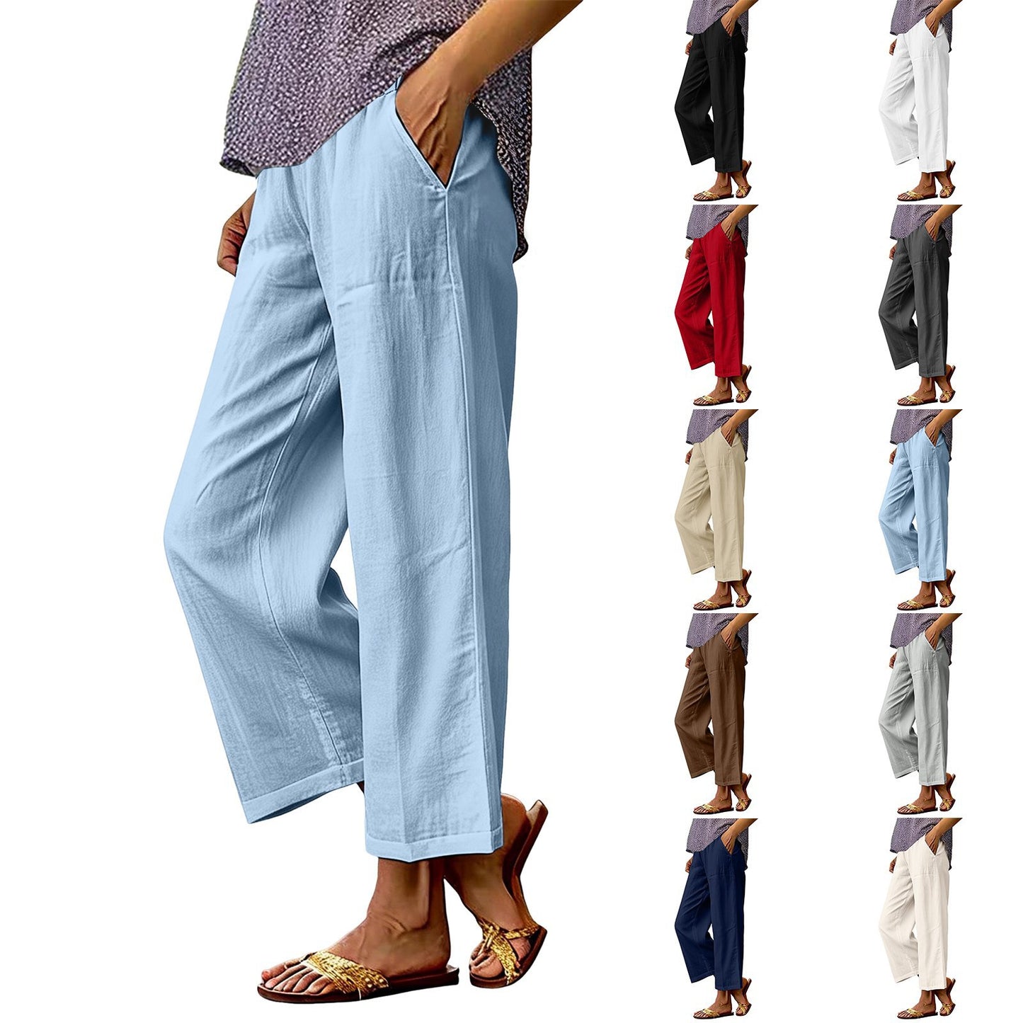 Womens Solid-Color Cotton-Linen Loose-Fit Wide-Leg Casual Pants