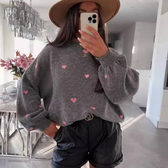 Female With Hearts Loose Sweater Pullover Long Sleeve Sweater