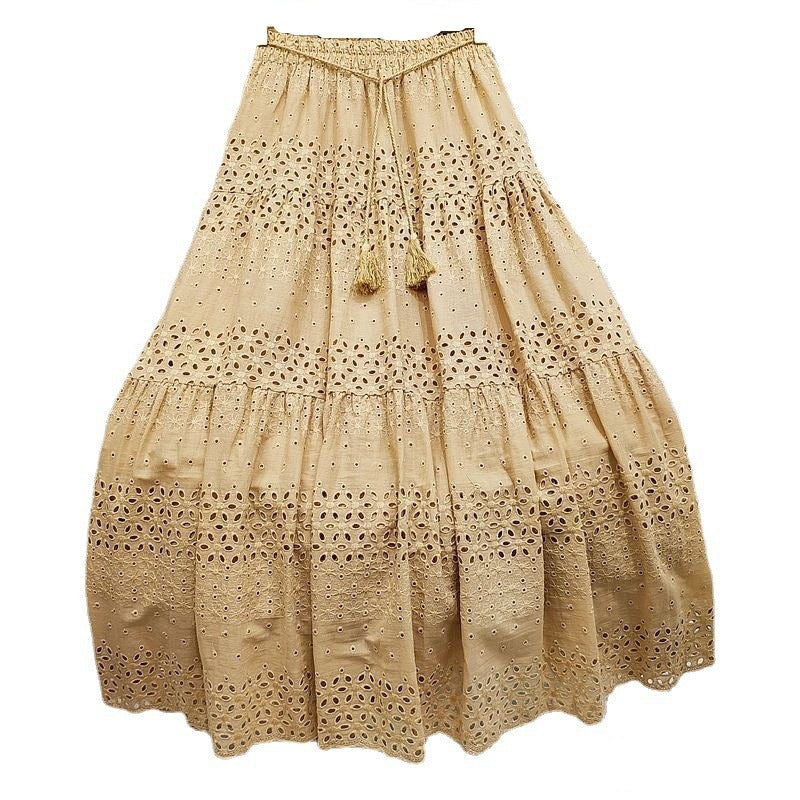 High Waist Stitching Crocheted Fairy Large Swing A- Line Mid-length