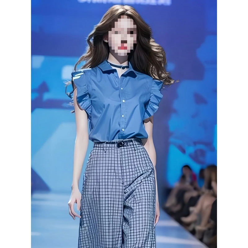 Blue Shirt And Loose Wide-leg Pants Two-piece Set