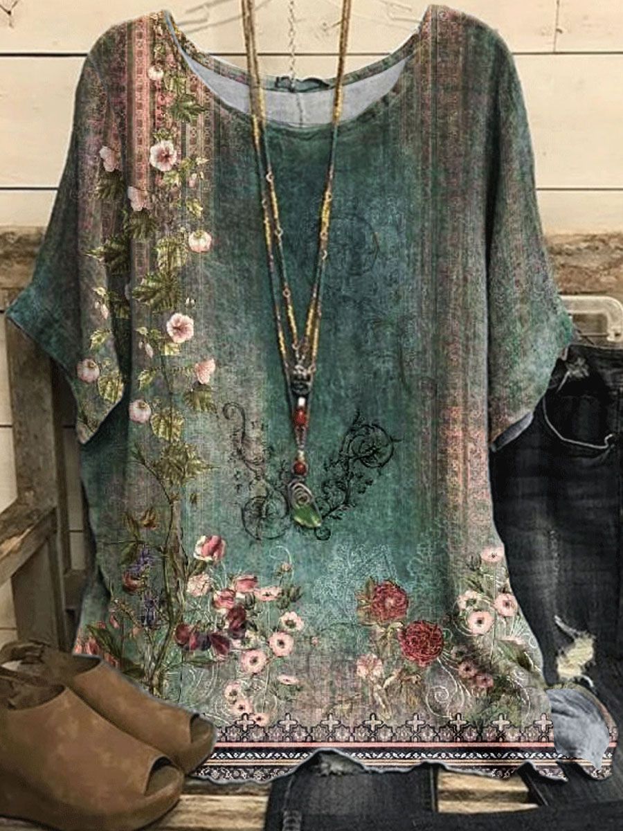 New Casual Loose Printed Crew Neck Top