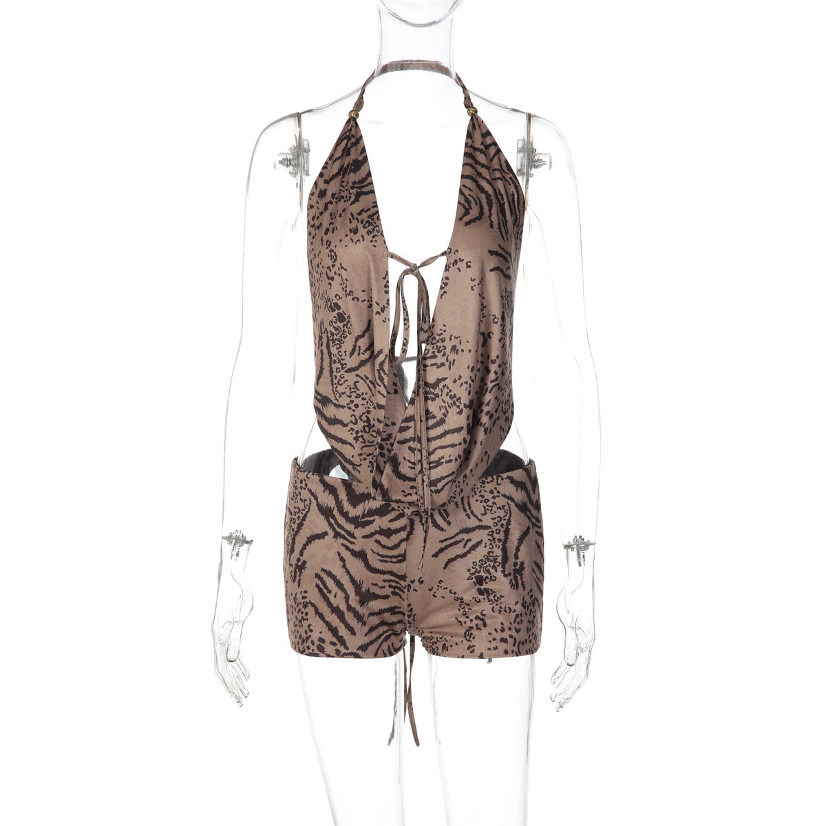 Cutout Lace Up Backless Halter Top And Hip Hugging Shorts For Women