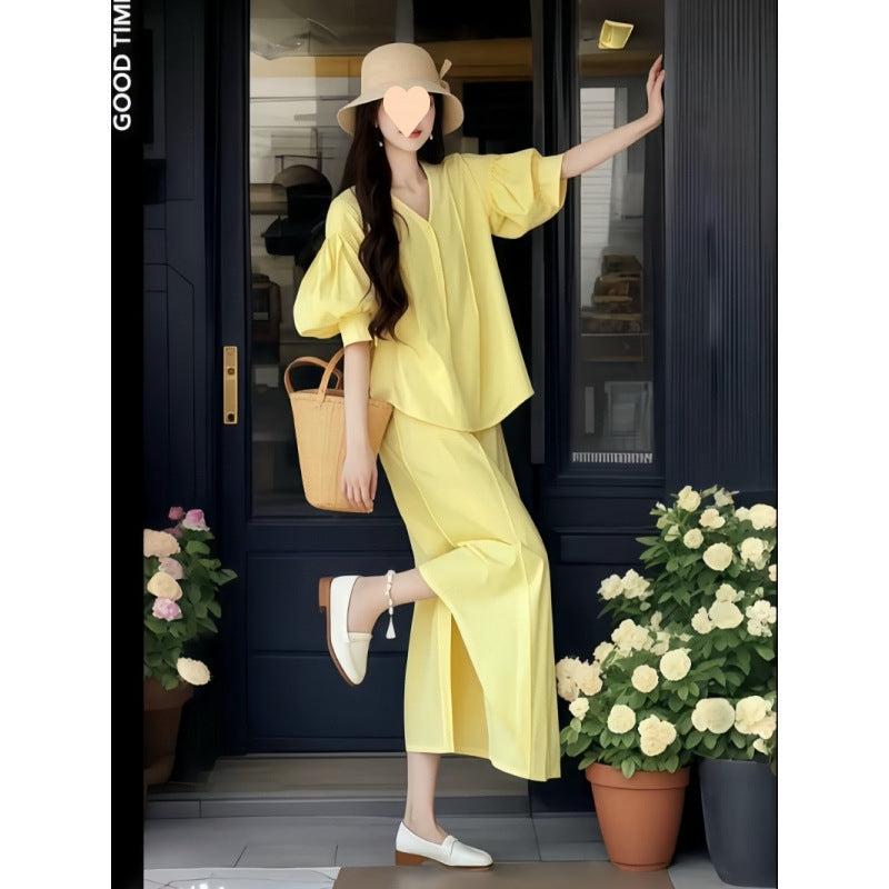Youth-boosting Versatile Casual Top And Slit Skirt Two-piece Set