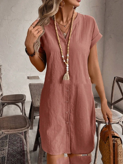 Color Cotton-linen V-neck Button-up Loose Casual Dress