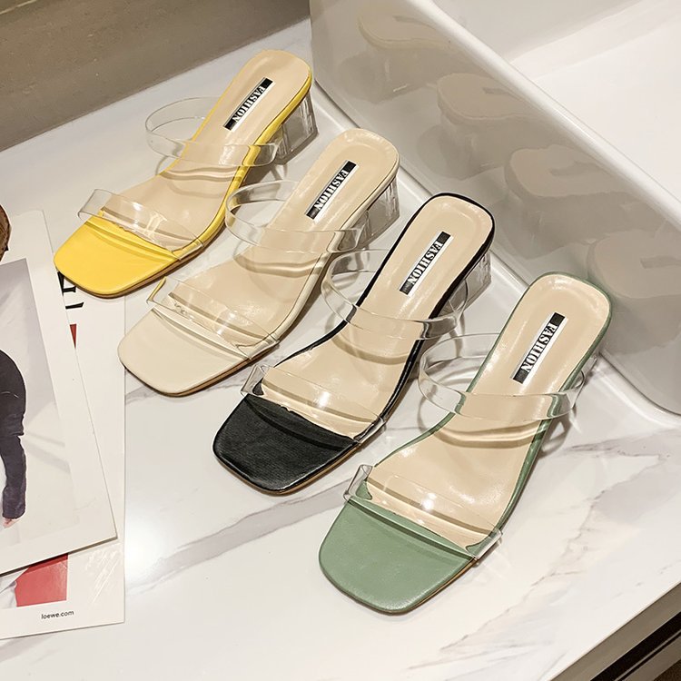 One-word Transparent Sandals And Slippers Women's Crystal With Thick Heel
