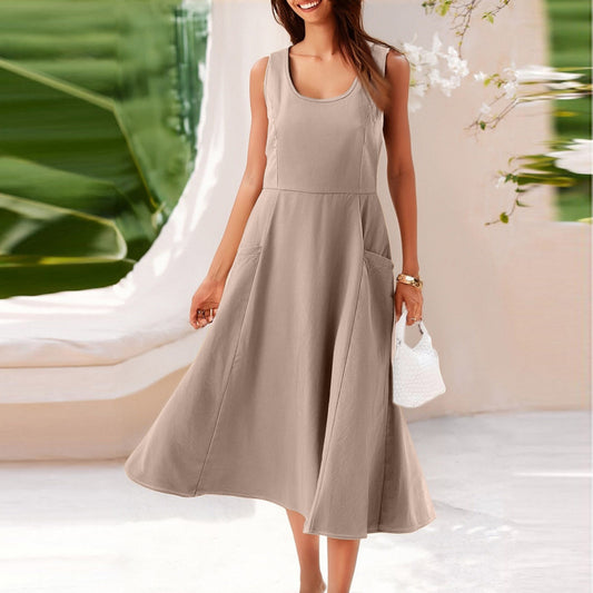 Pocketless Sleeveless Crew-Neck Elegant Womens Dress