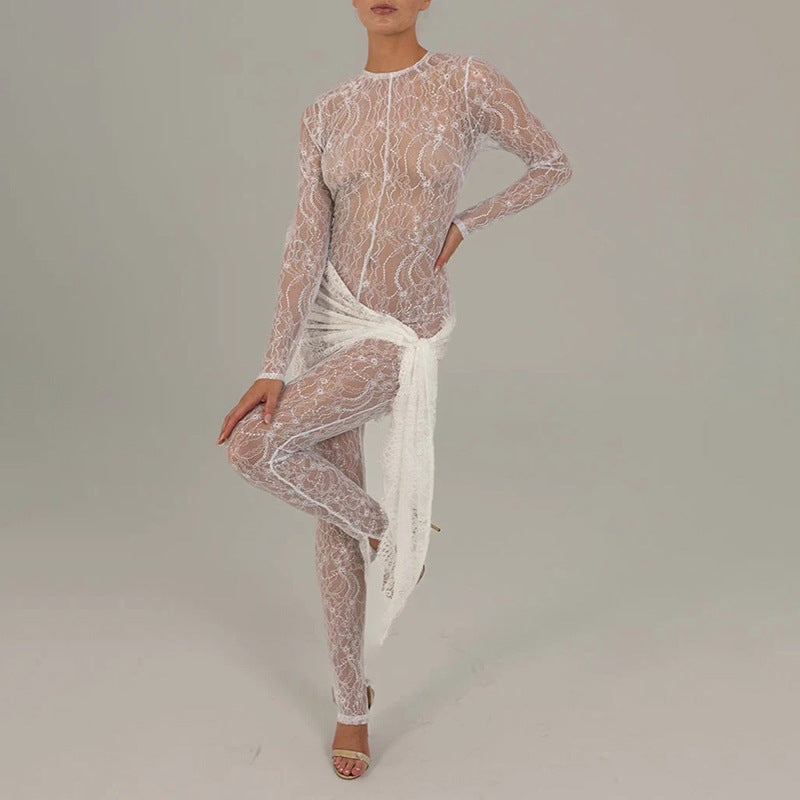 Women's Graceful And Fashionable Lace Up Lace Pattern Jumpsuit