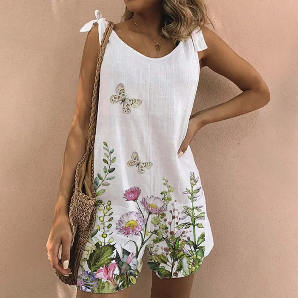 Women's Printed Crew Neck Sleeveless Casual Jumpsuit Shorts