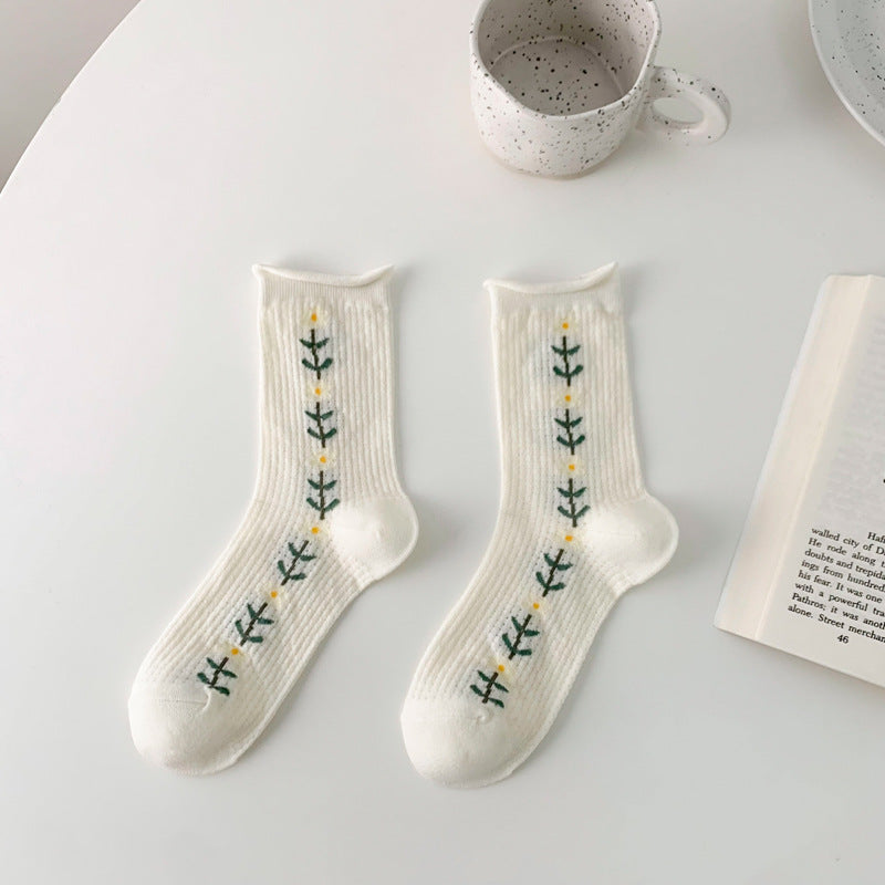 Thin Hollow Mesh Rolled Edge Women's Socks With Small Flowers