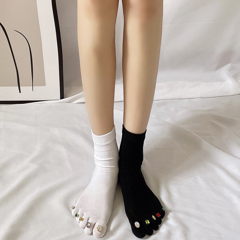 Five Finger Socks With Diamonds Summer Thin Crystal Mid Tube Split Toed Socks