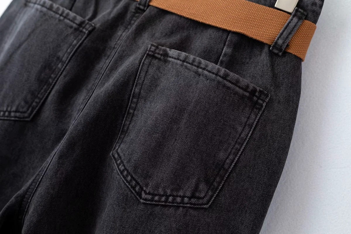 Ladies Polyester Denim Daddy Pants With Belt