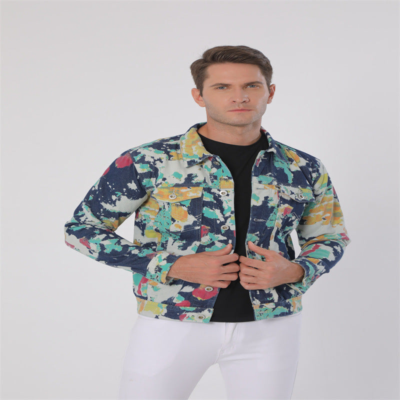 Lapel Denim Camouflage Hand-painted Floral Cloth Long Sleeve Non-elastic Denim Coat Jacket