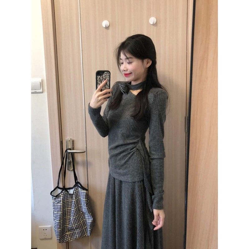 Lady's High-end Irregular Knit Top And Skirt Set