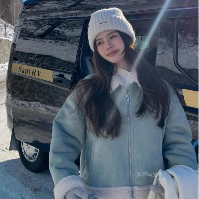 New Deerskin Velvet Composite Turn-down Collar Coat Women's Thickened