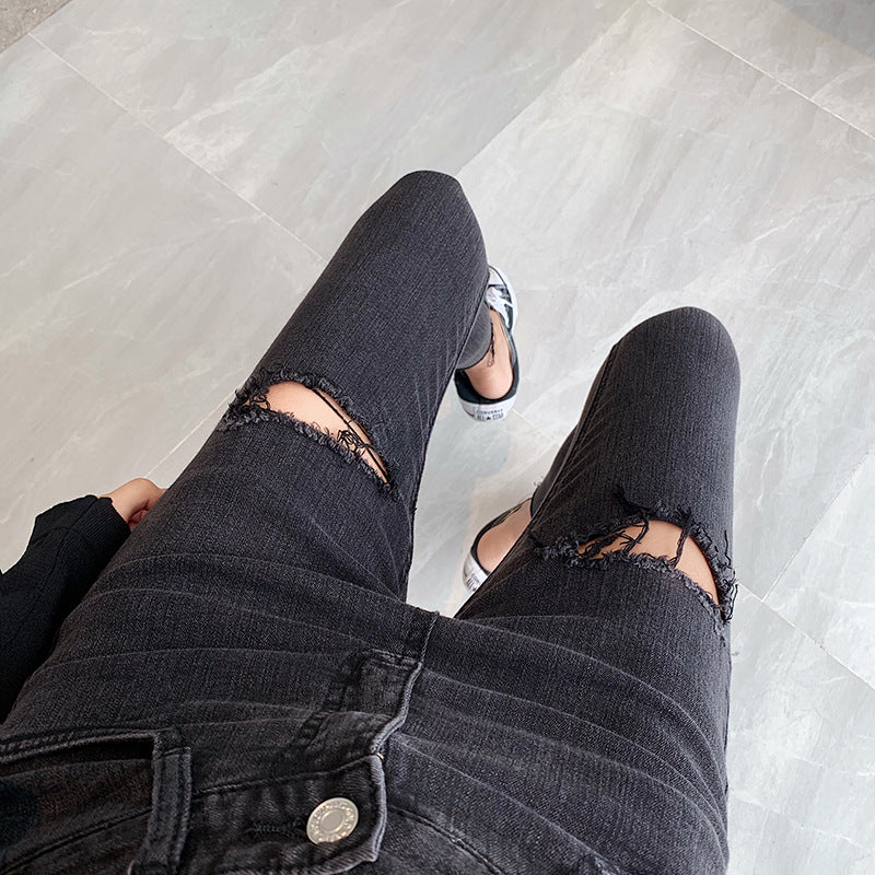 New Retro Personality Ripped High-waisted Denim Feet Pants Women