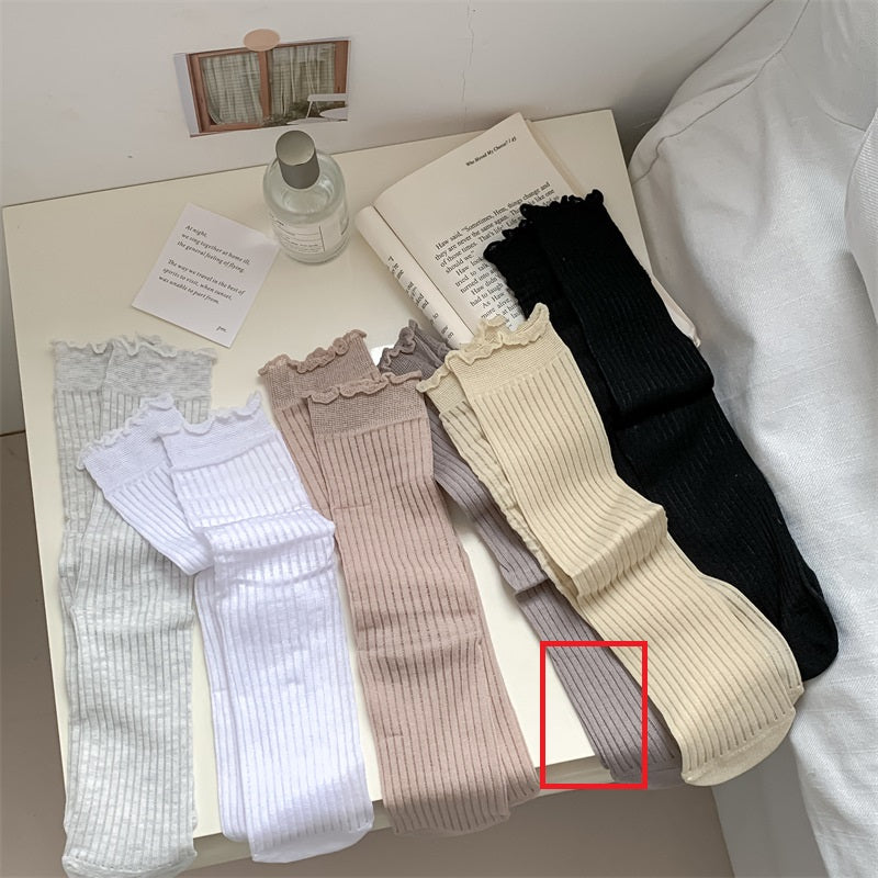 Solid Color Rib Fabric Wooden Ear Lady White Tube Bunching Socks
