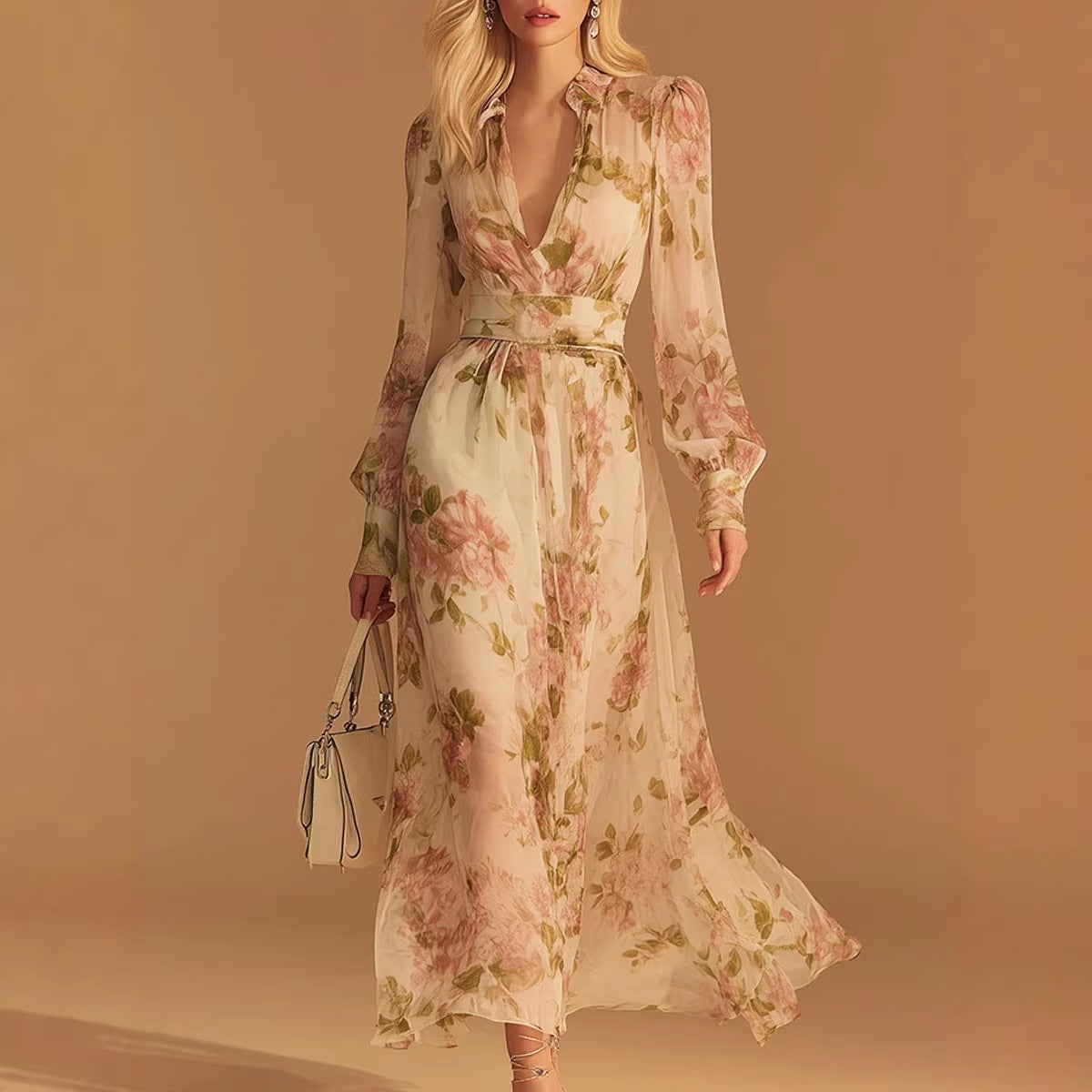 Floral-print V-neck French Vintage Mesh Dress