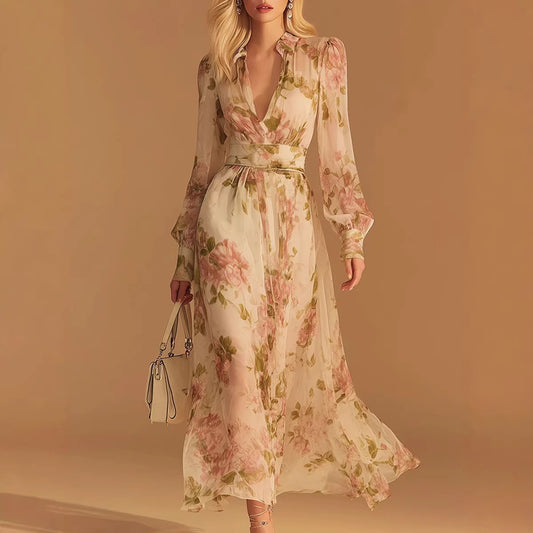 Floral-print V-neck French Vintage Mesh Dress