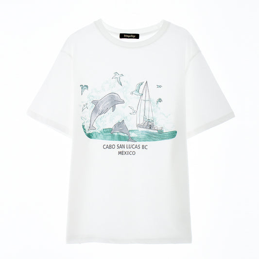 Women's American-style Retro White With Printed Pattern Shoulder Short-sleeved T-shirt