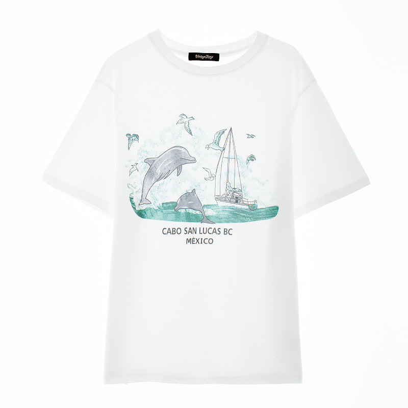 Women's American-style Retro White With Printed Pattern Shoulder Short-sleeved T-shirt