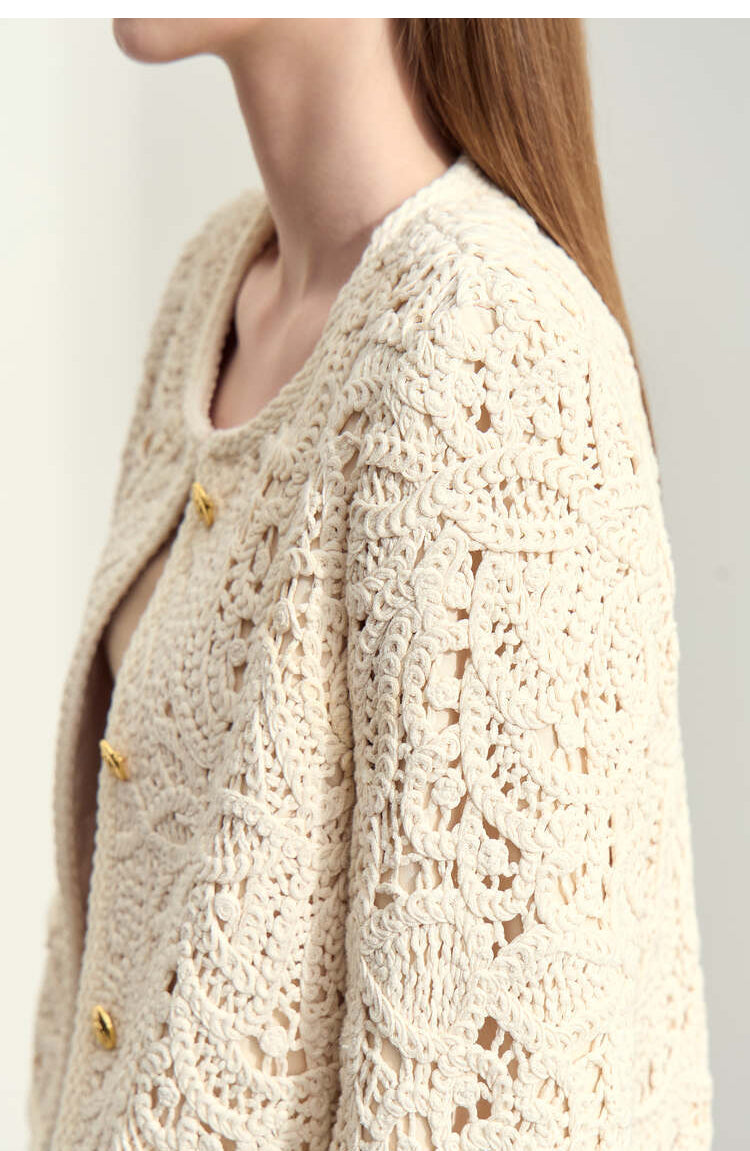 Women's Round Neck Crocheted Texture Coat Loose Short Padded Shoulder Top