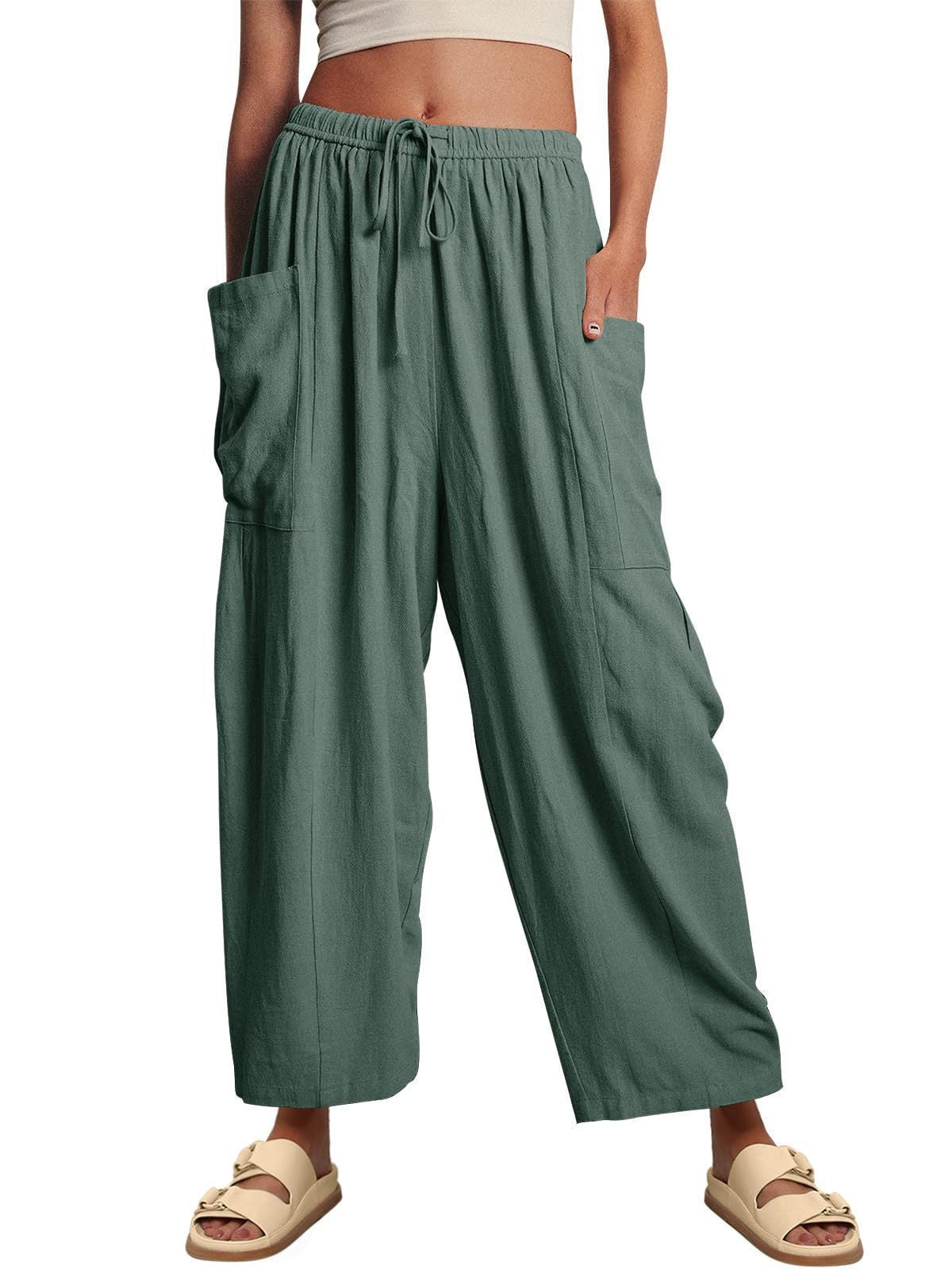 Elastic Pleated High Waist Cotton Linen Wide Leg Pants